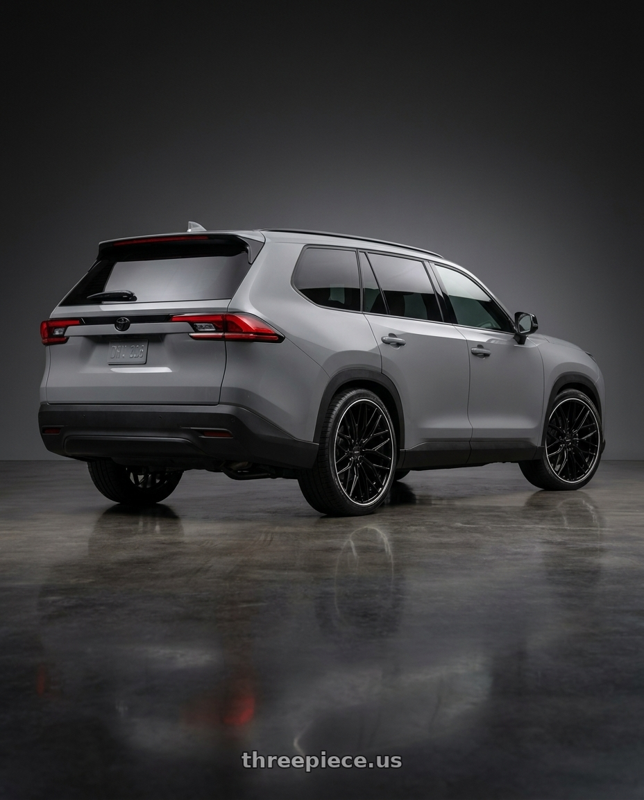 2026 Toyota grand highlander with RAVETTI M6 5X120 22x10.5 +32 BLACK WITH PINSTRIPE wheels rear three quarter view square tires