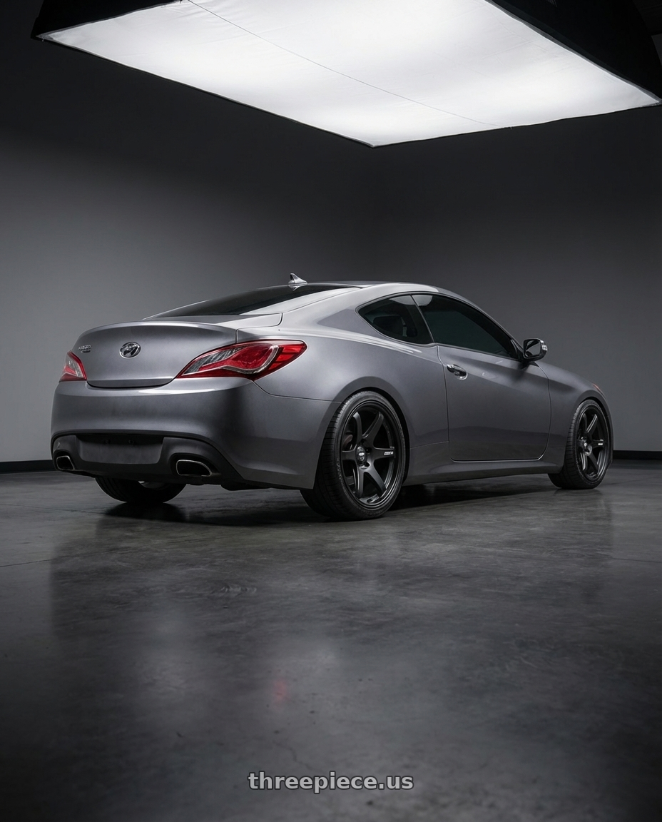 2014 Hyundai Genesis Coupe with ESR Wheels APEX SERIES APX6 5x114.3 19x11 +36 Matte Black wheels rear three quarter view square tires