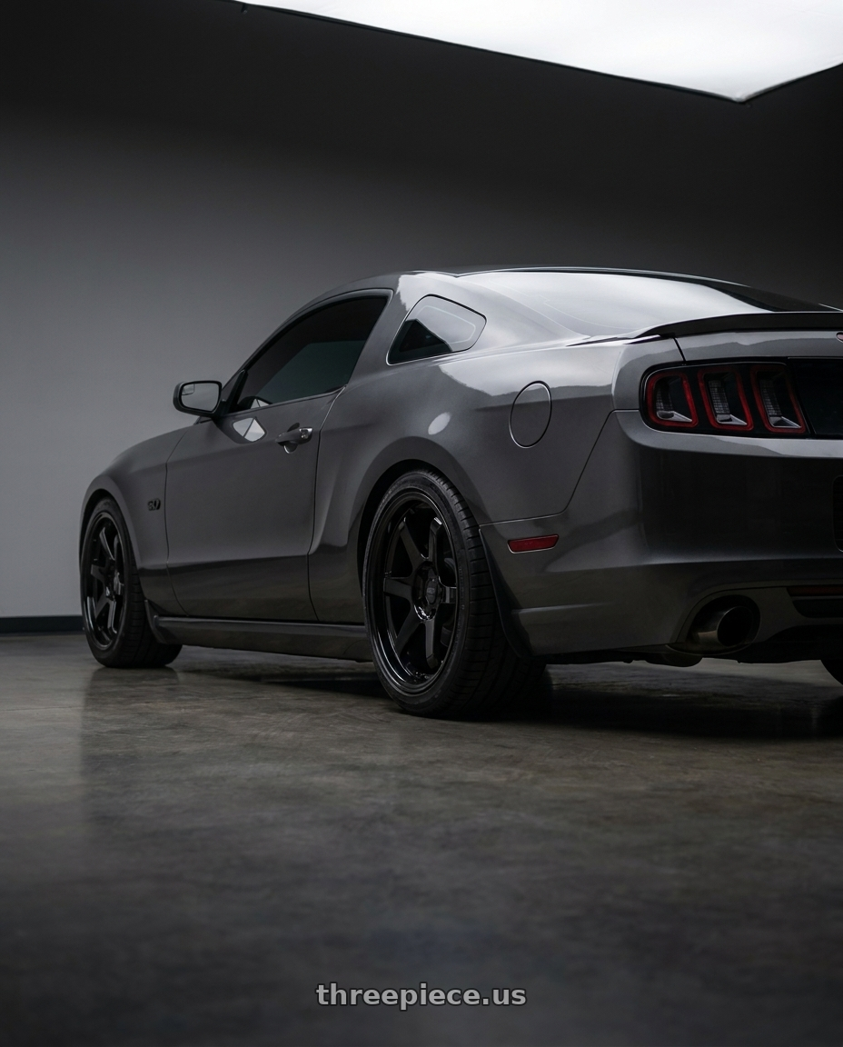 2014 ford Mustang gt with ESR Wheels SR SERIES SR07 5x114.3 19x9.5 +35 Gloss Black wheels rear three quarter view square tires