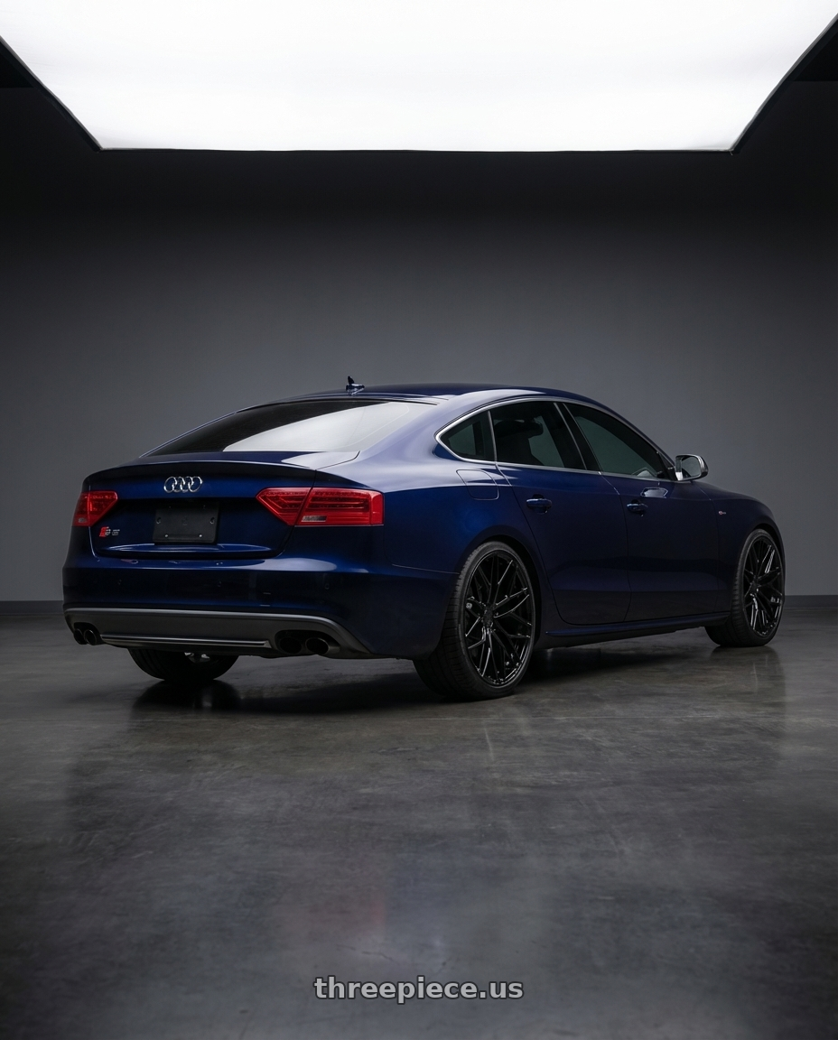 2014 Audi S5 B8 with Avant Garde Wheels M520R 5X112 19x8.5 +35 Gloss Black wheels rear three quarter view square tires