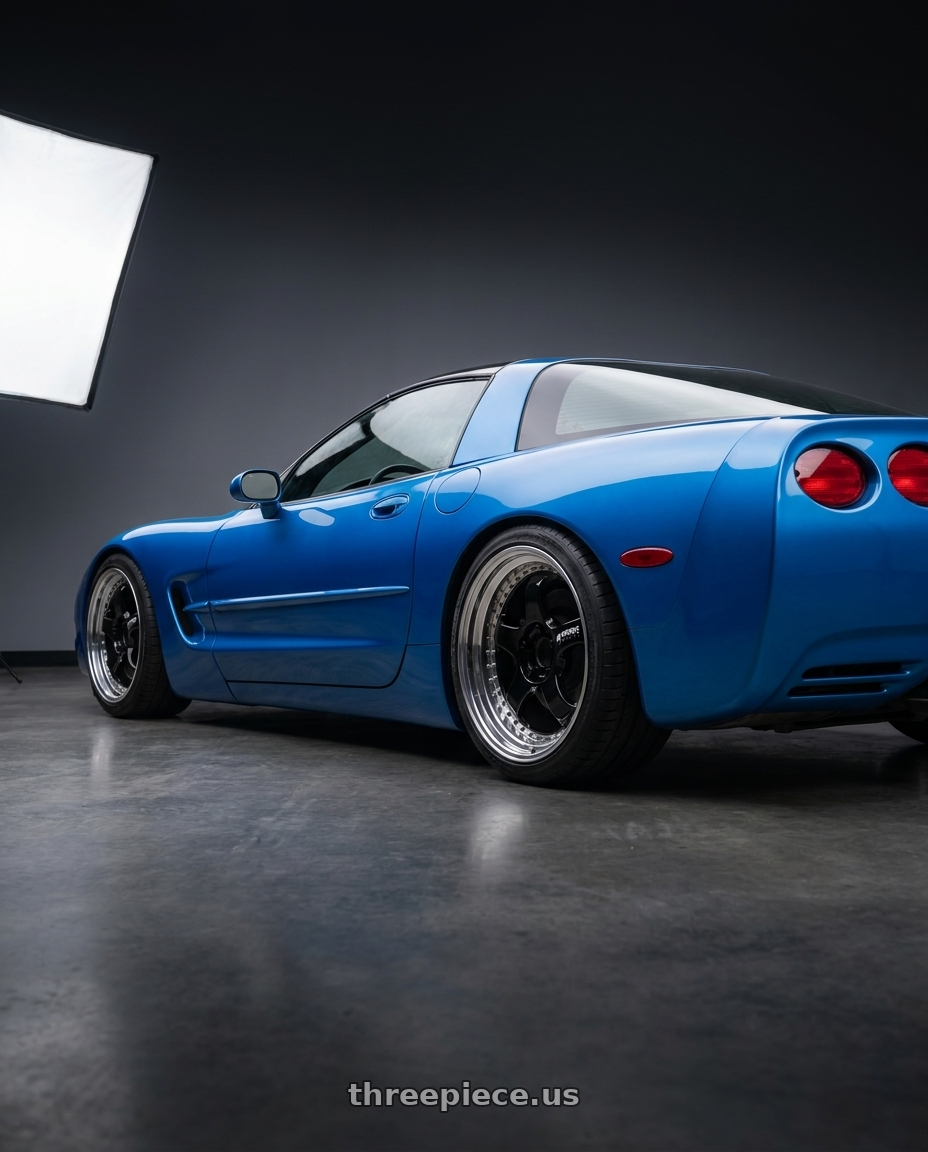 1998 Chevrolet corvette base Nassau with Work Meister S1 3P 5x100 18x10+22 A Disk Black wheels rear three quarter view slight stretch tires