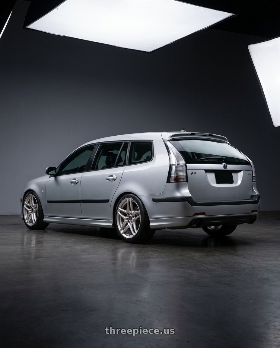 2006 Saab 9-3 with Heritage Wheel EBISU 5x110 18x8.5 +35 Silver wheels rear three quarter view square tires