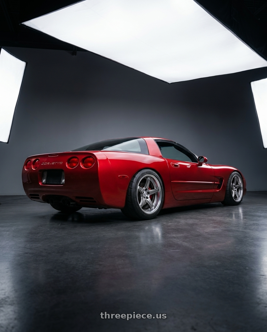 2002 chevrolet corvette coupe with Work T5R 2P 5x120 18x9.5 +45 GT SILVER wheels rear three quarter view meaty tires