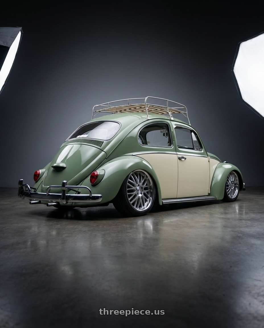 1966 VW bug with Cray MANTA 5X120.65 19X10.5 +65 HYPER SILVER W/ MIRROR CUT LIP wheels rear three quarter view square tires