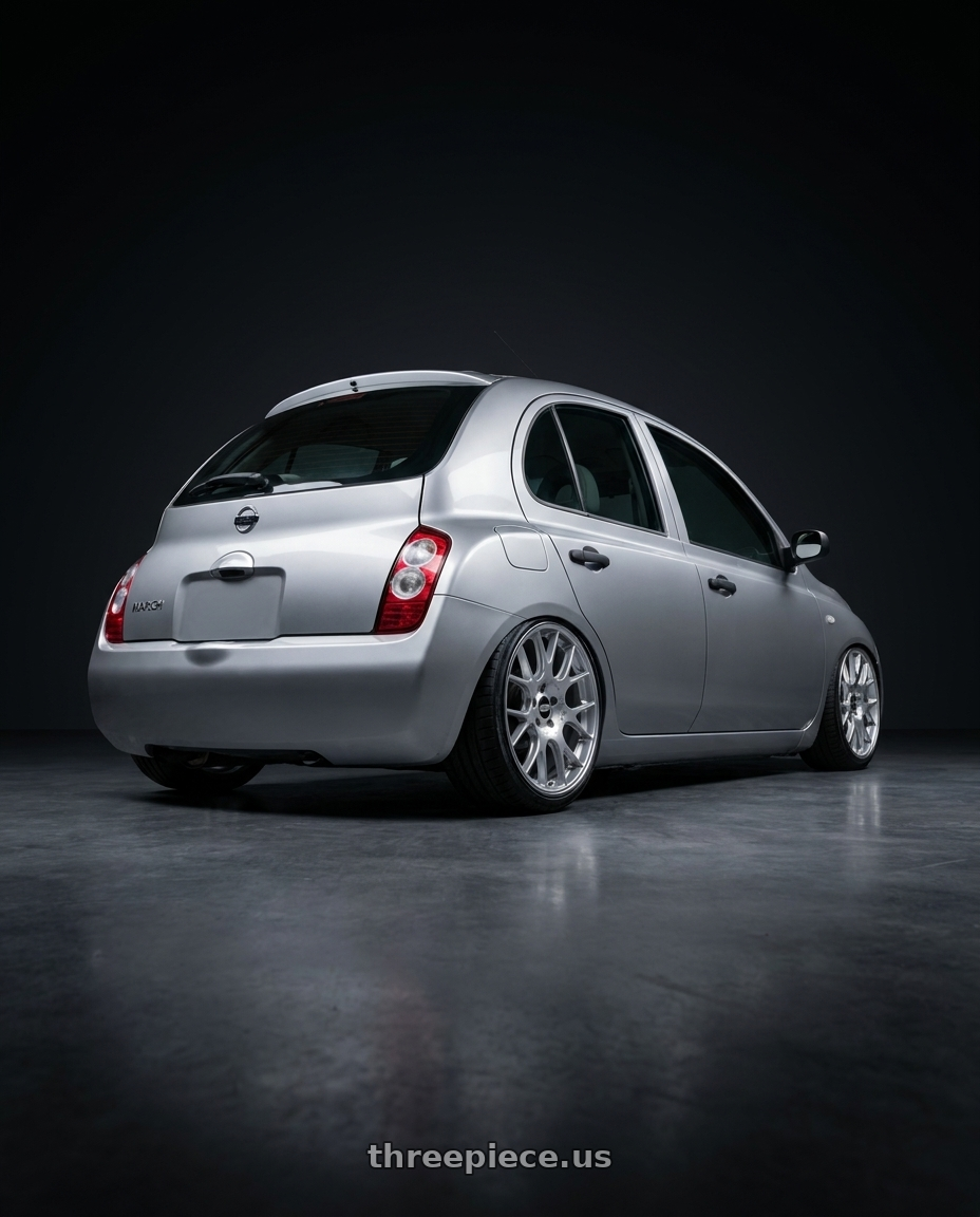 2007 Nissan march with BBS CH-R 5x120 20x9 +24 Brilliant Silver Polished Rim Protector wheels rear three quarter view slight stretch tires