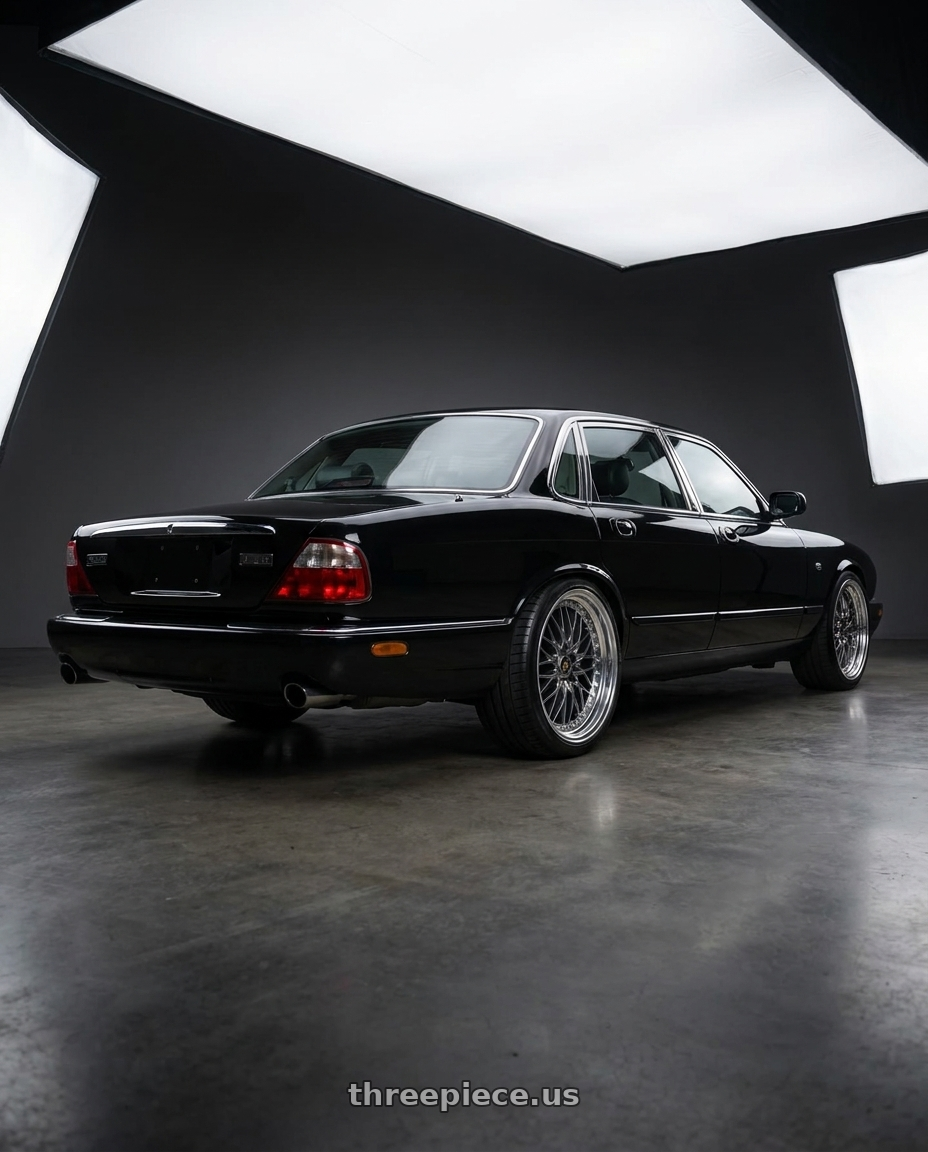 2003 Jaguar x308 XJR with Work Vs-Xv 5x108 18x9.5+21 A Disk Brilliant Silver Black wheels rear three quarter view square tires