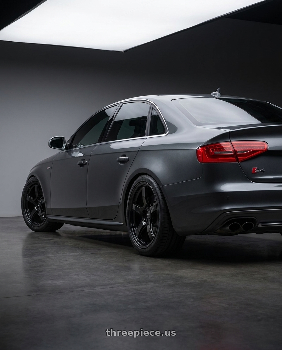 2015 Audi S4 B8.5 with Gram Lights 57CR 5x112 19x10.5+35 Glossy Black wheels rear three quarter view square tires