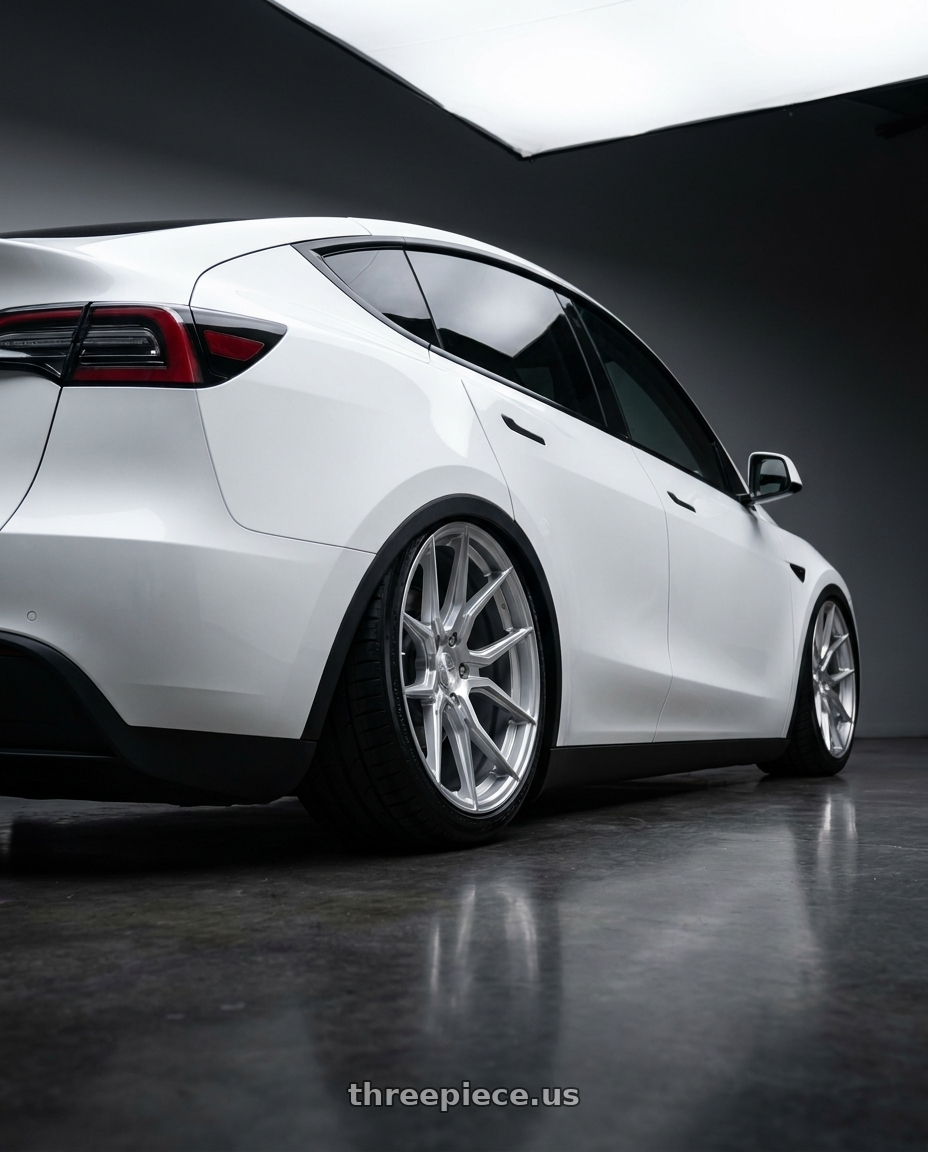 2024 Tesla Model Y with Aodhan AFF2 5x114.3 20x9+32 Gloss Silver Machined Face wheels rear three quarter view slight stretch tires