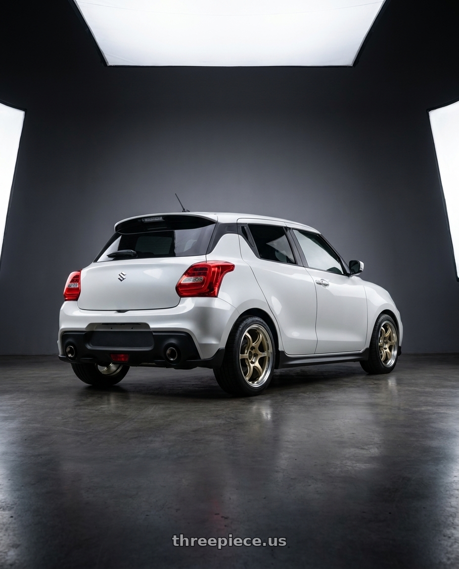 2019 Suzuki Swift sport with Advan Racing RG-D2 5x114.3 17x7.5 +48 MACHINING & CHAMPAGNE GOLD wheels rear three quarter view square tires