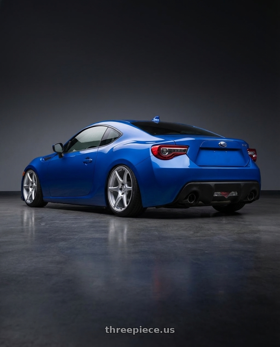 2017 Subaru BRZ with Kansei K11S Tandem 5X100 18x9 12 Hyper Silver wheels rear three quarter view slight stretch tires