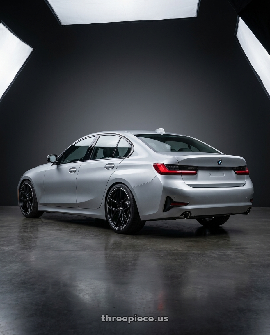 2023 BMW 3 Series G20 with BBS CC-R 5x112 19x8.0+27 Satin Black wheels rear three quarter view square tires