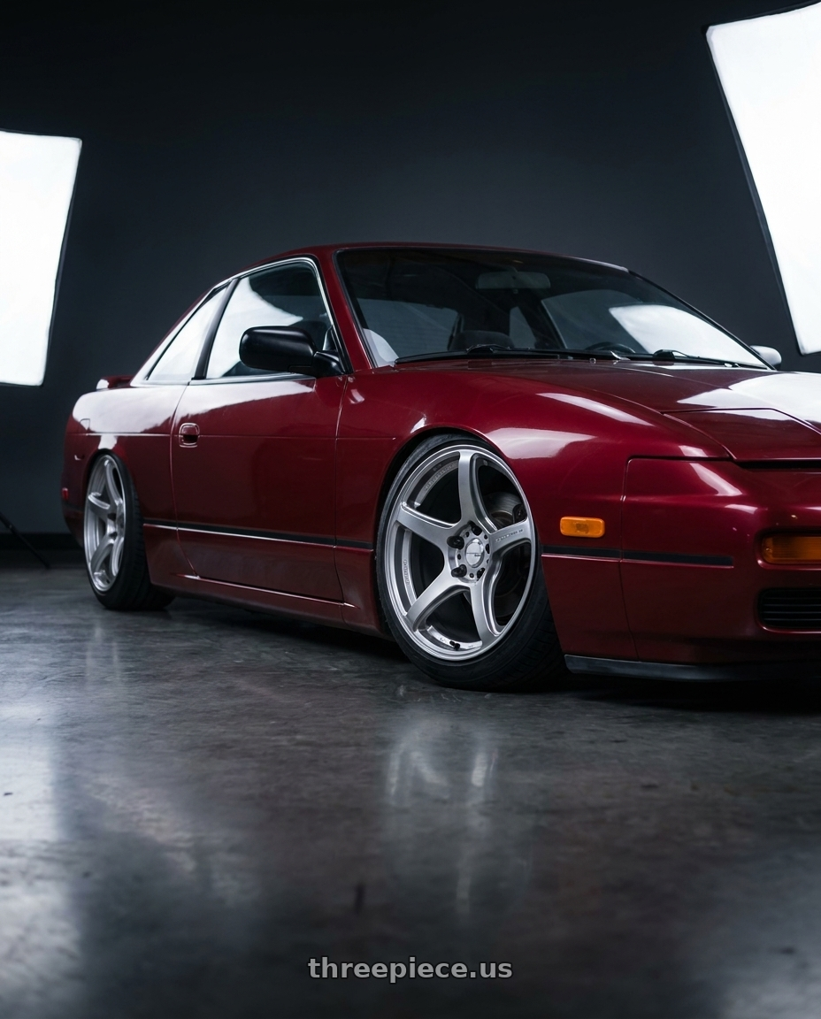 1993 Nissan S13 Coupe Maroon with Work Emotion T5r 5x114.3 18x9.5 +12 Glow Silver wheels