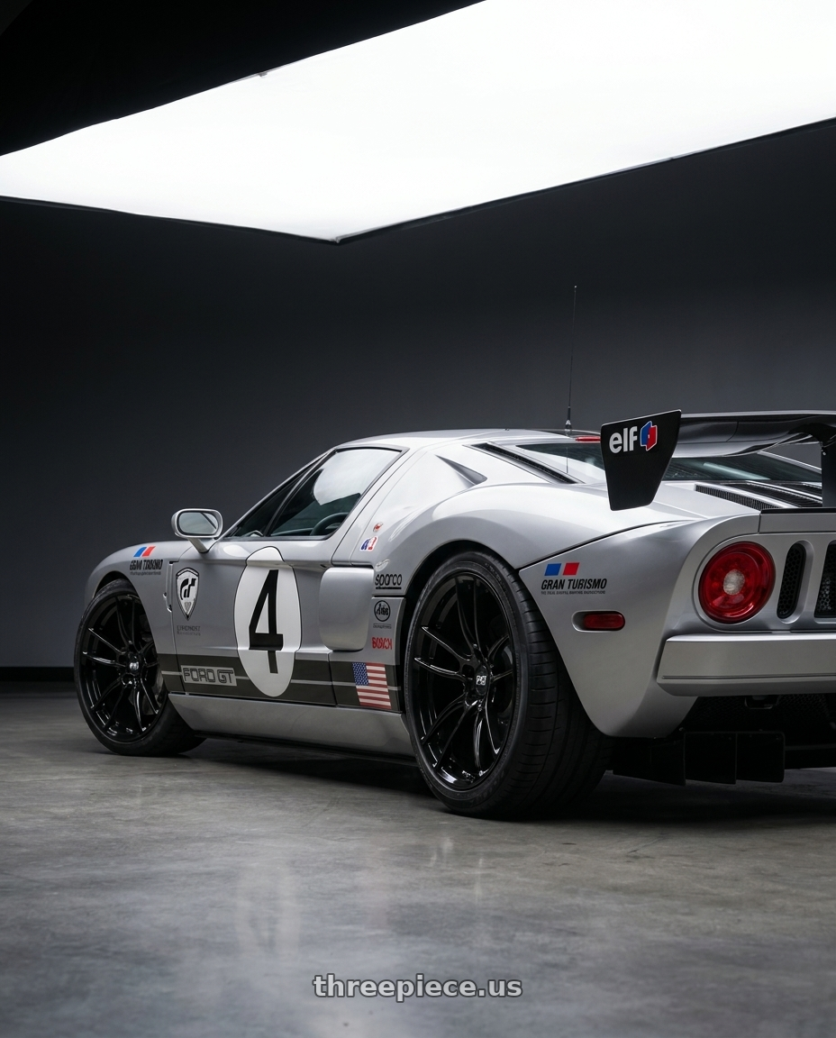 2007 Ford GT with P51 Wheels 101RF 5X114.3 19x11.5 +56 Gloss Black wheels rear three quarter view square tires