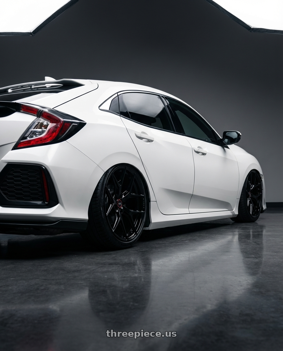 2019 Honda Civic with Vossen HF-5 19x9.5 / 5x114.3 / ET40 / Deep Face / 73.1 - Gloss Black Wheel - HF5-9N63 wheels rear three quarter view slight stretch tires