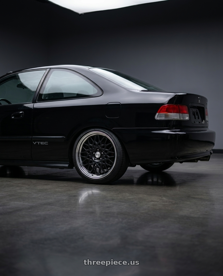 2000 Honda civic si with Work Seeker Cx 4x100 17x7+38 O Disk Matte Black wheels rear three quarter view slight stretch tires