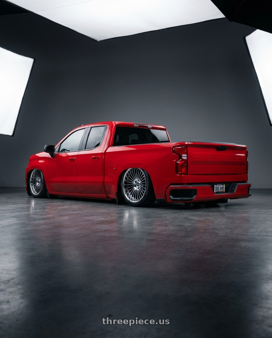 2020 chevy silverado with Work Emitz Black Polish 5x100 19x9.0 +38 wheels rear three quarter view slight stretch tires