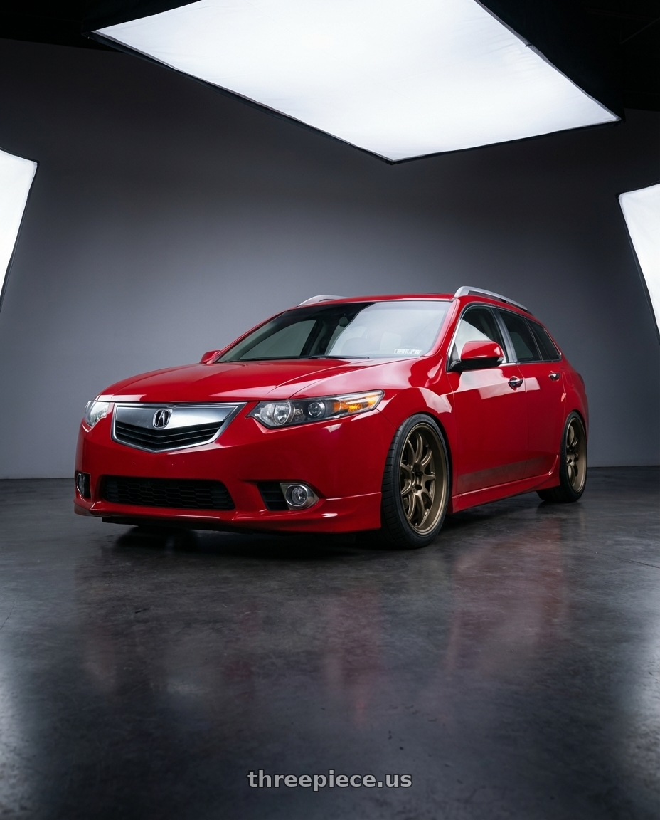 2013 acura tsx wagon milano red with Work Emotion D9r 5x100 18x9.5 +38 Matte Bronze wheels front three quarter view lowered stance