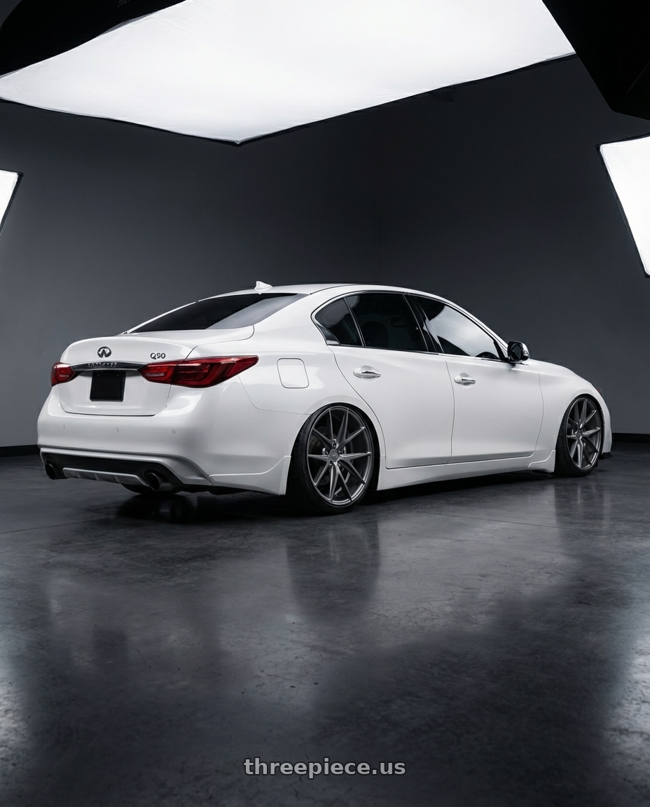 2020 Infiniti Q50 with Niche 1PC M116 MISANO 5X114.3 20X10 +40 MATTE GUN METAL wheels rear three quarter view slight stretch tires