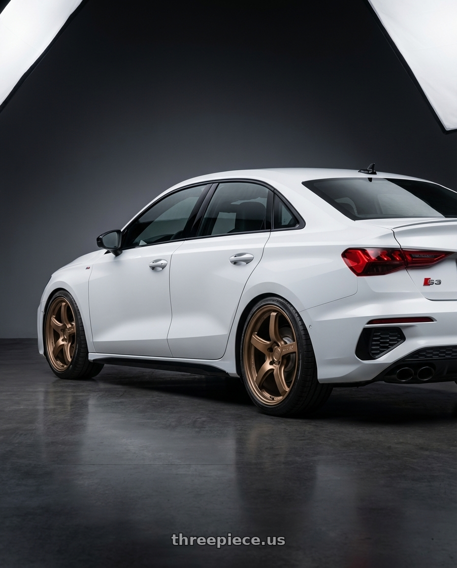 2024 Audi S3 8Y with Gram Lights 57CR 5x112 19x10.5+35 Bronze II wheels rear three quarter view square tires