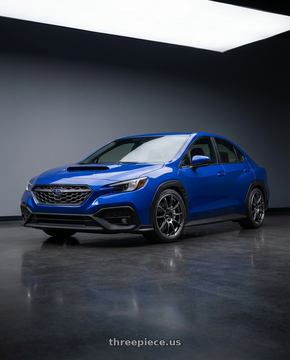 2024 Subaru WRX with Advan RZ II 5x114.3 18x8.5+45 Racing Hyper Black And Ring wheels front three quarter view lowered stance