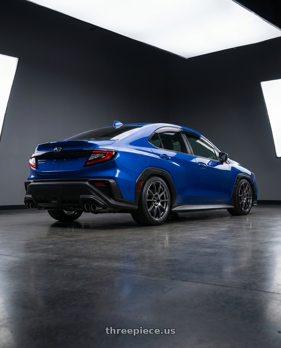 2024 Subaru WRX with Advan RZ II 5x114.3 18x8.5+45 Racing Hyper Black And Ring wheels rear three quarter view square tires