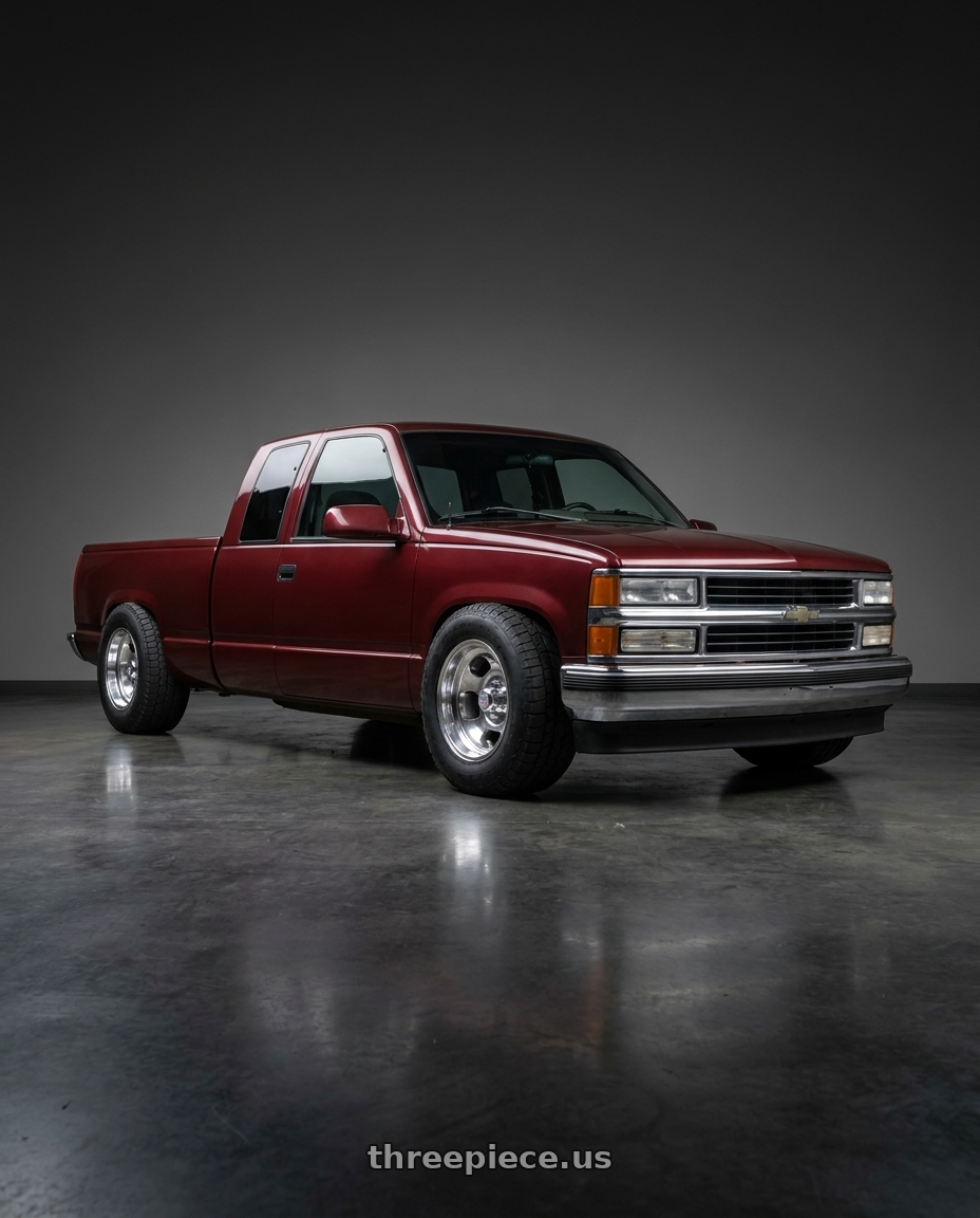 1998 chevy c150, base maroon with US Mag 1PC U101 INDY 5X139.7 15X10 -50 HIGH LUSTER POLISHED wheels