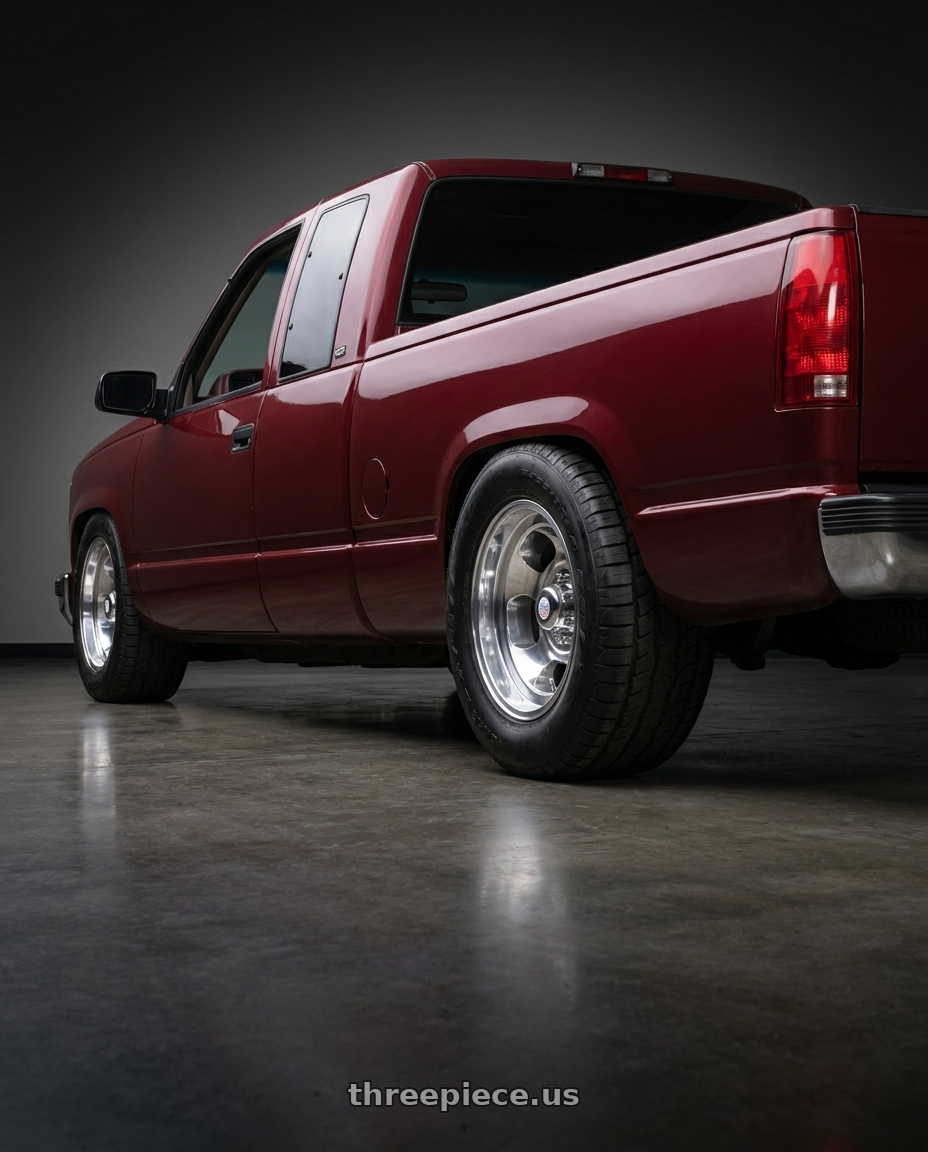 1998 chevy c150, base maroon with US Mag 1PC U101 INDY 5X139.7 15X10 -50 HIGH LUSTER POLISHED wheels rear three quarter view meaty tires