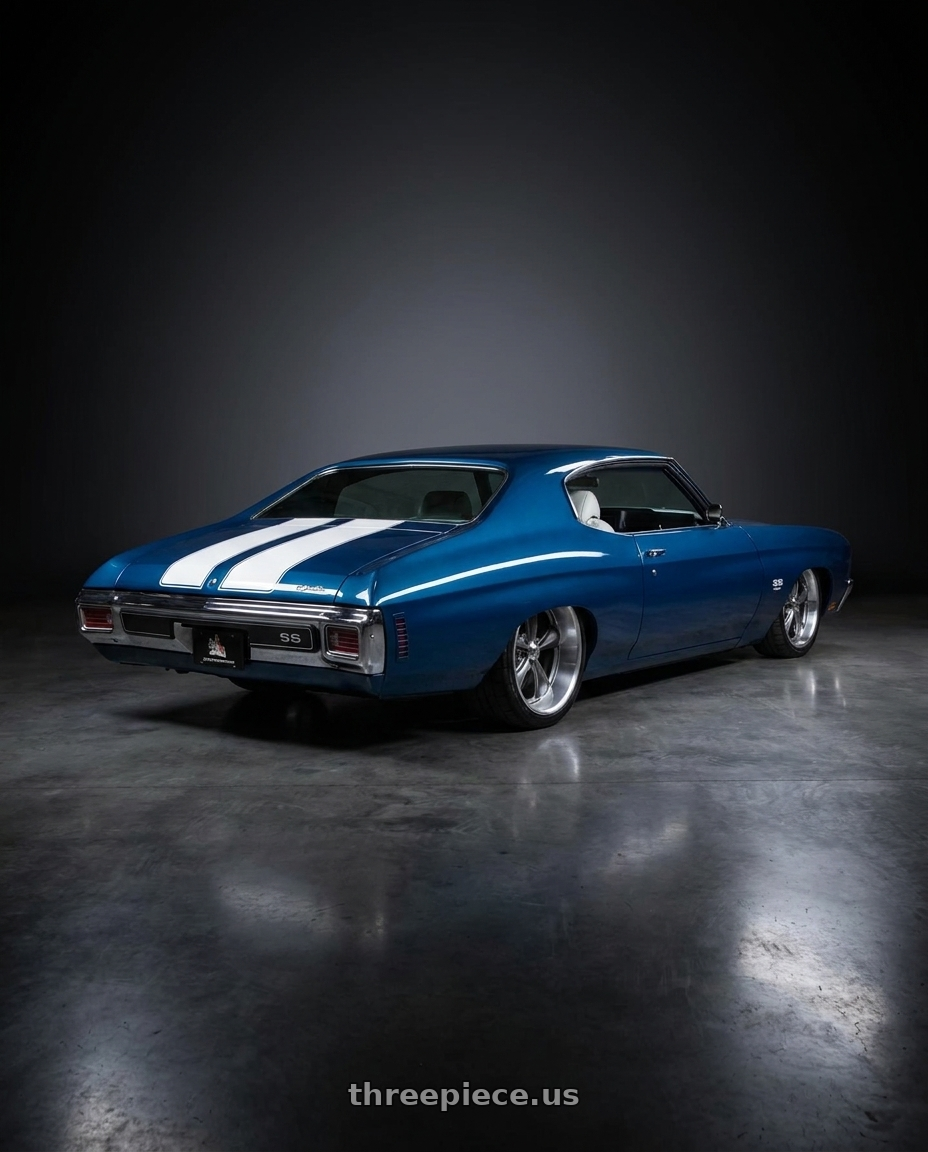1970 chevy chevelle with Ridler Type 695 5x120.65 20x10+0 Grey/Machined Lip wheels rear three quarter view square tires