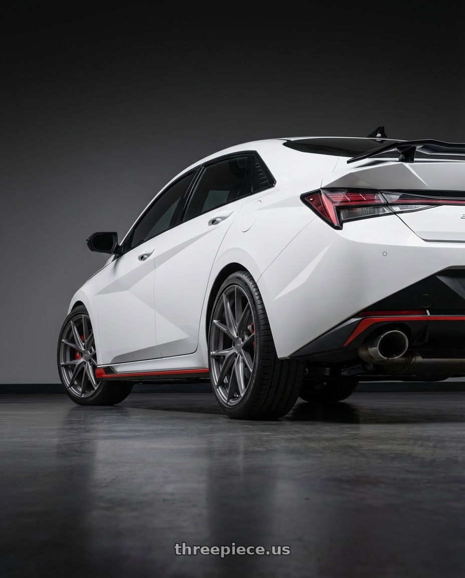 2024 Hyundai Elantra N with Niche 1PC M116 MISANO 5X114.3 19X8.5 +45 MATTE GUN METAL wheels rear three quarter view square tires