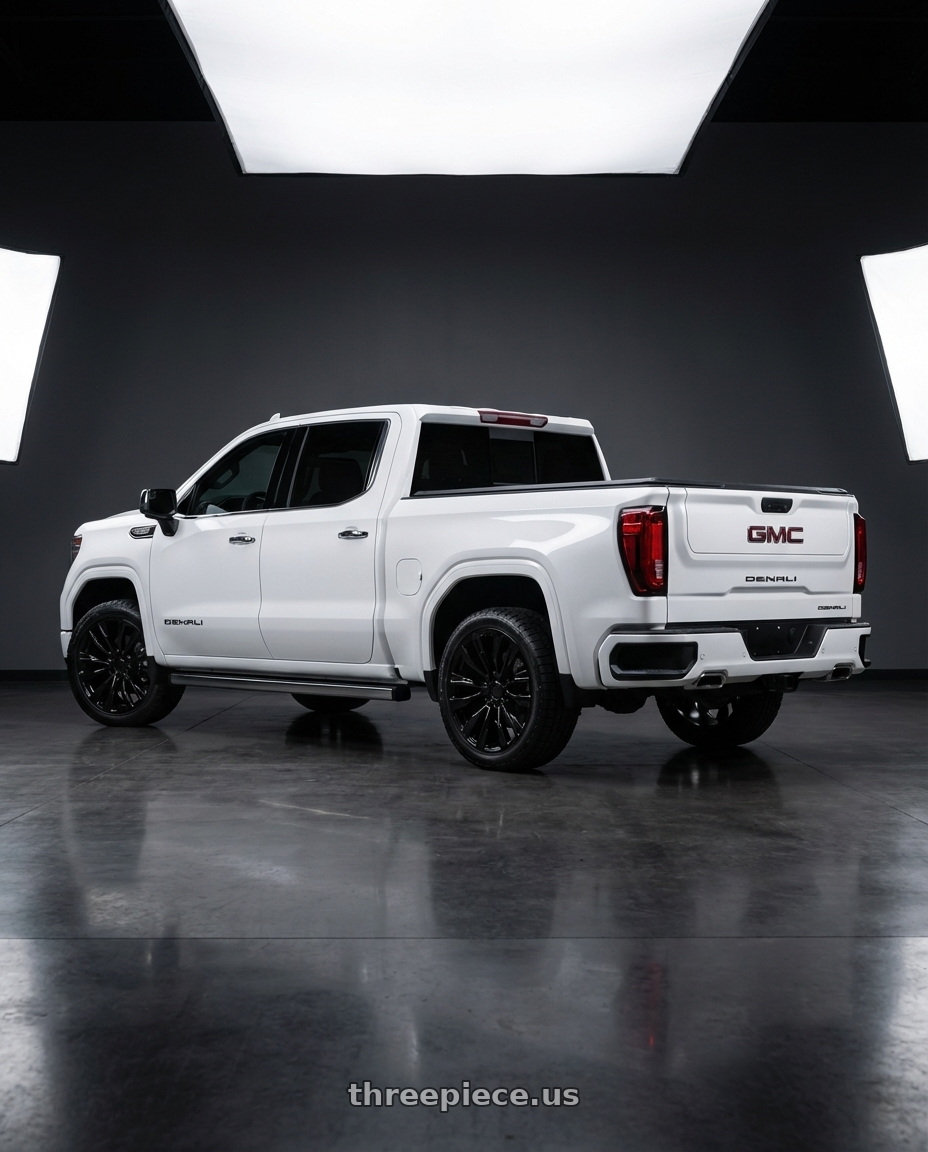 2023 gmc sierra 1500 denali with Performance Replicas PR211 6X139.7 24X10 +31 GLOSS BLACK wheels rear three quarter view square tires