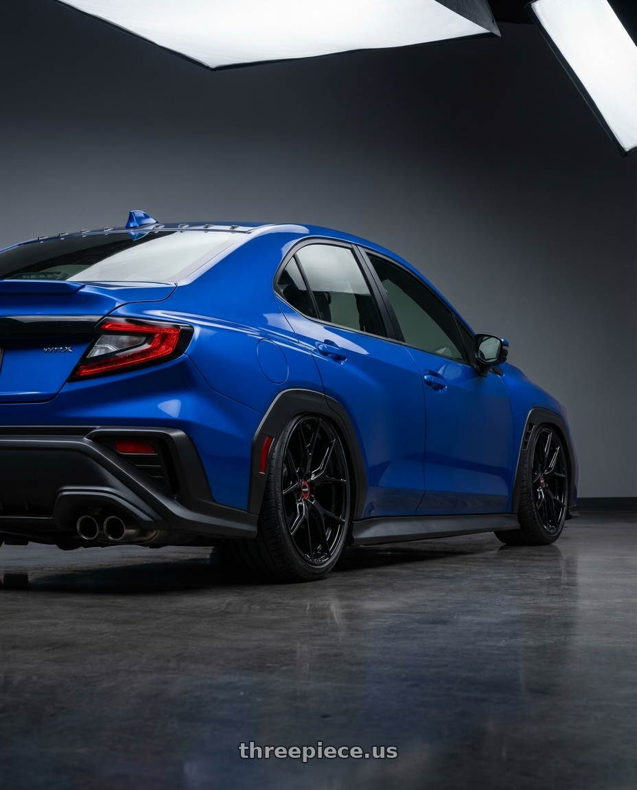 2024 Subaru WRX with Vossen HF-5 19x8.5 / 5x114.3 / ET32 / Flat Face / 73.1 - Gloss Black Wheel - HF5-9N60 wheels rear three quarter view slight stretch tires