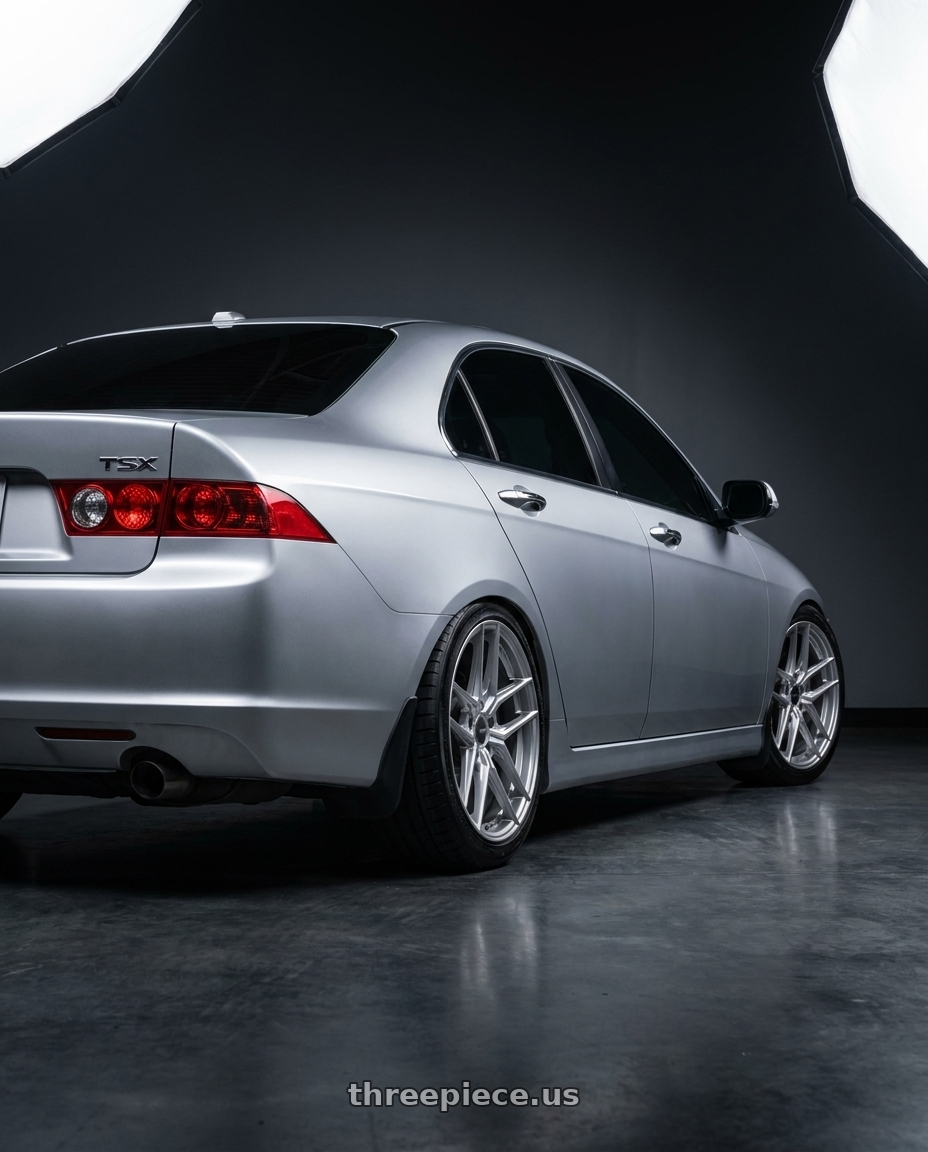 2004 Acura TSX with Enkei TY-5 5x114.3 18x8+50 Hyper Silver wheels rear three quarter view square tires