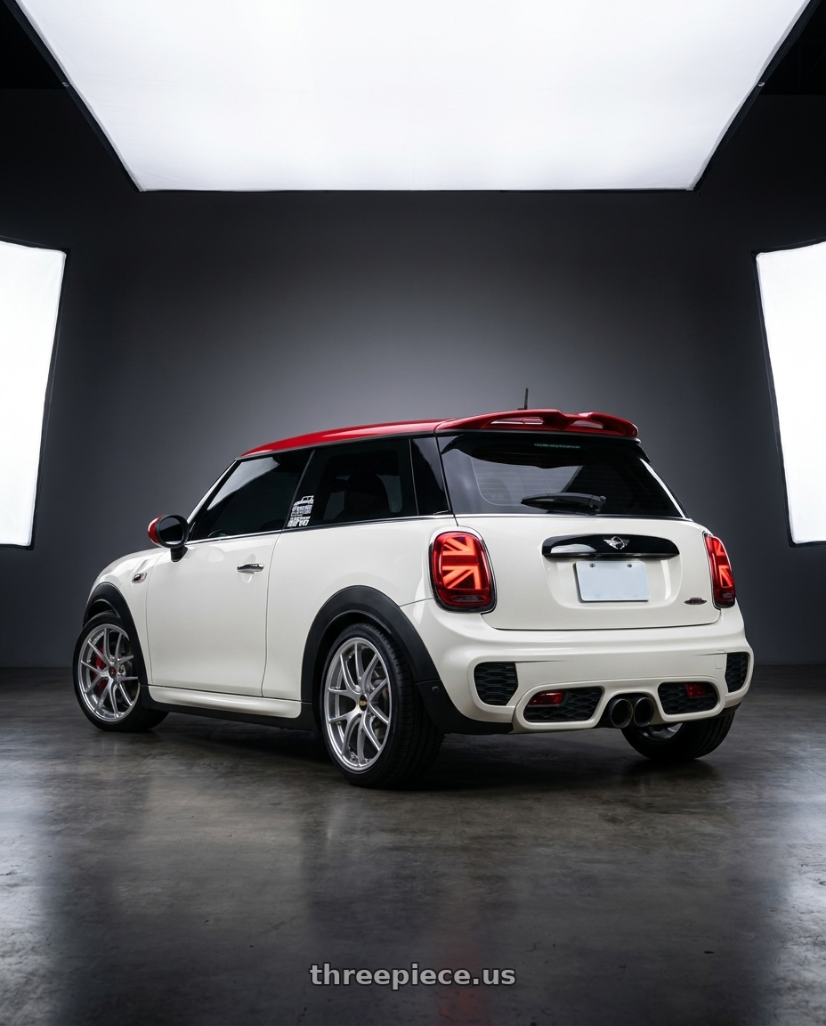 2017 MINI Hatch JCW with BBS RI-A 5x112 18x8.5+45 Diamond Silver wheels rear three quarter view square tires