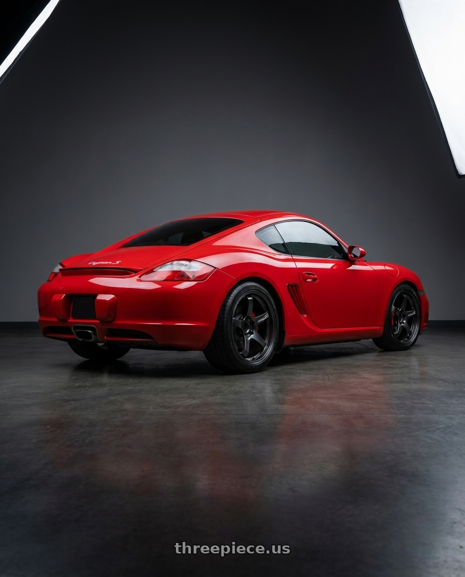 2006 Porsche Cayman S, guards red with Advan Racing GT for PORSCHE 5x130 19x9.5 +40 RACING TITANIUM BLACK wheels rear three quarter view square tires