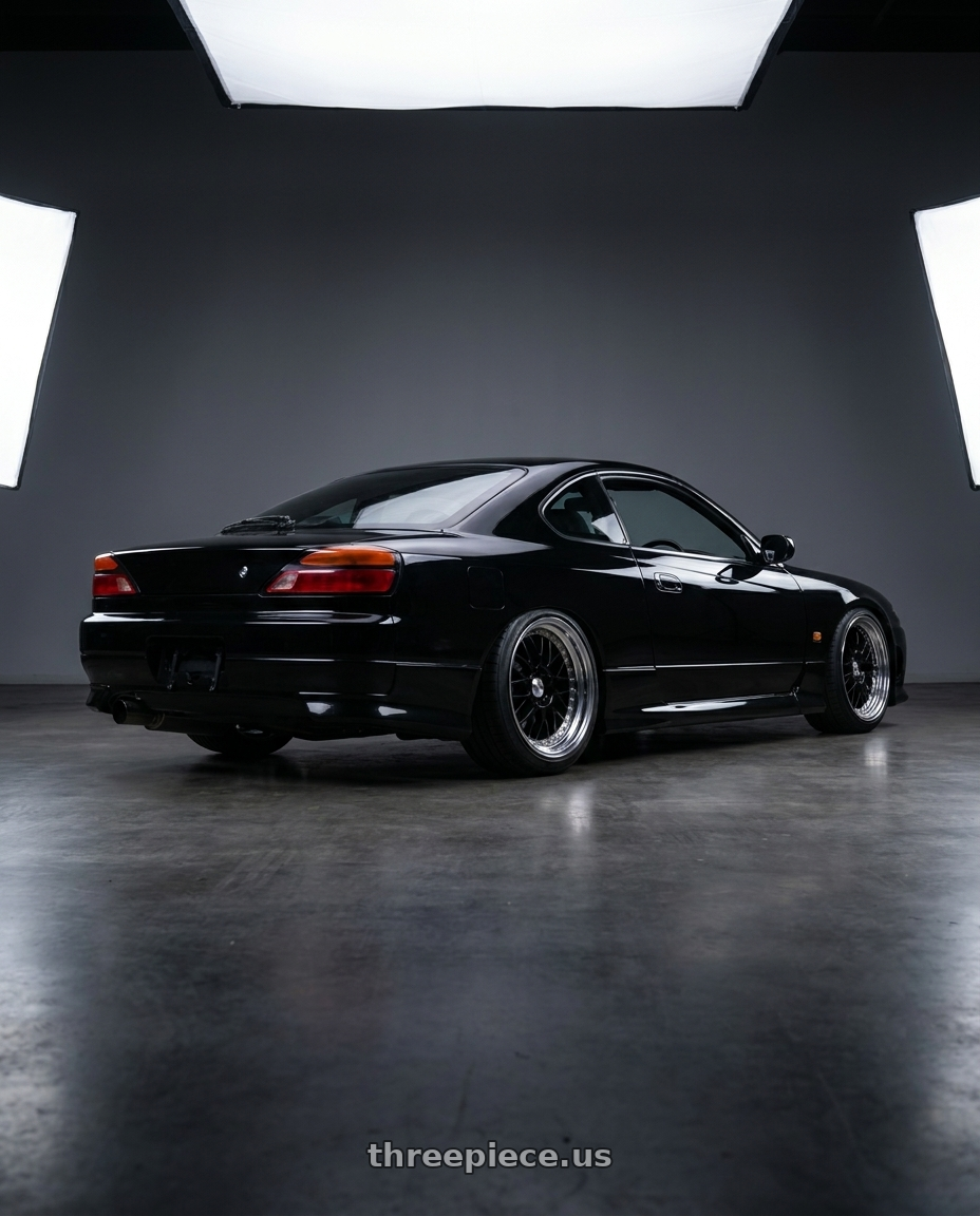 2000 Nissan Silvia S15 with Work Meister M1 3p 5x114.3 18x9.5+34 H Disk Black wheels rear three quarter view square tires
