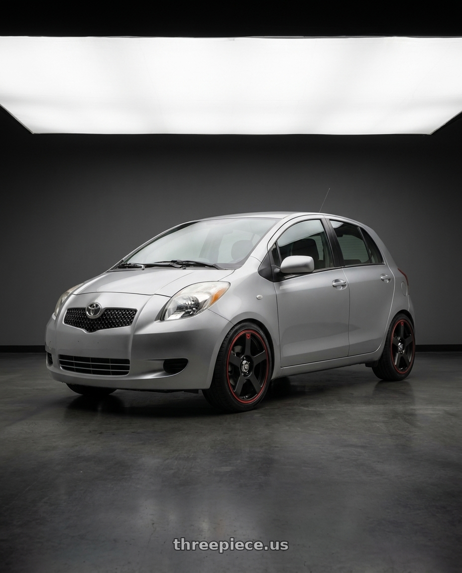 2007 Toyota Yaris with Motegi MR116 FS5 5X112/5X114.3 18X8 +35 MATTE BLACK RED RACING STRIPE wheels