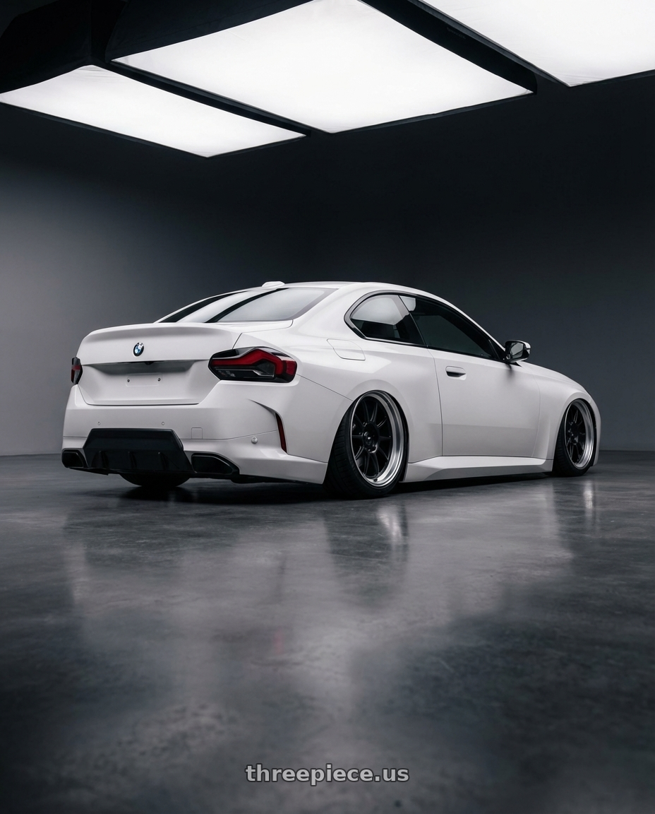 2024 BMW 2 Series G42 with Konig Countergram 5x112 19x11+40 Matte Black / Matte Machined Lip wheels rear three quarter view slight stretch tires