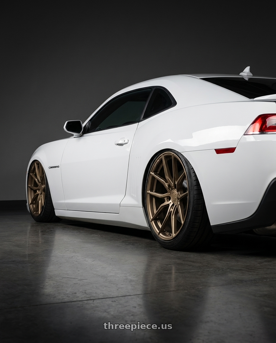 2014 Chevrolet Camaro 5th Gen with Aodhan AFF1 5x120 20x9+30 Matte Bronze wheels rear three quarter view slight stretch tires