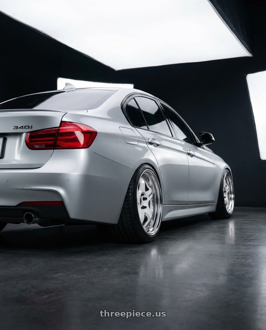 2017 BMW 340i with Work Meister S1 3P 5x120 18x8.5+35 L Disk White wheels rear three quarter view meaty tires