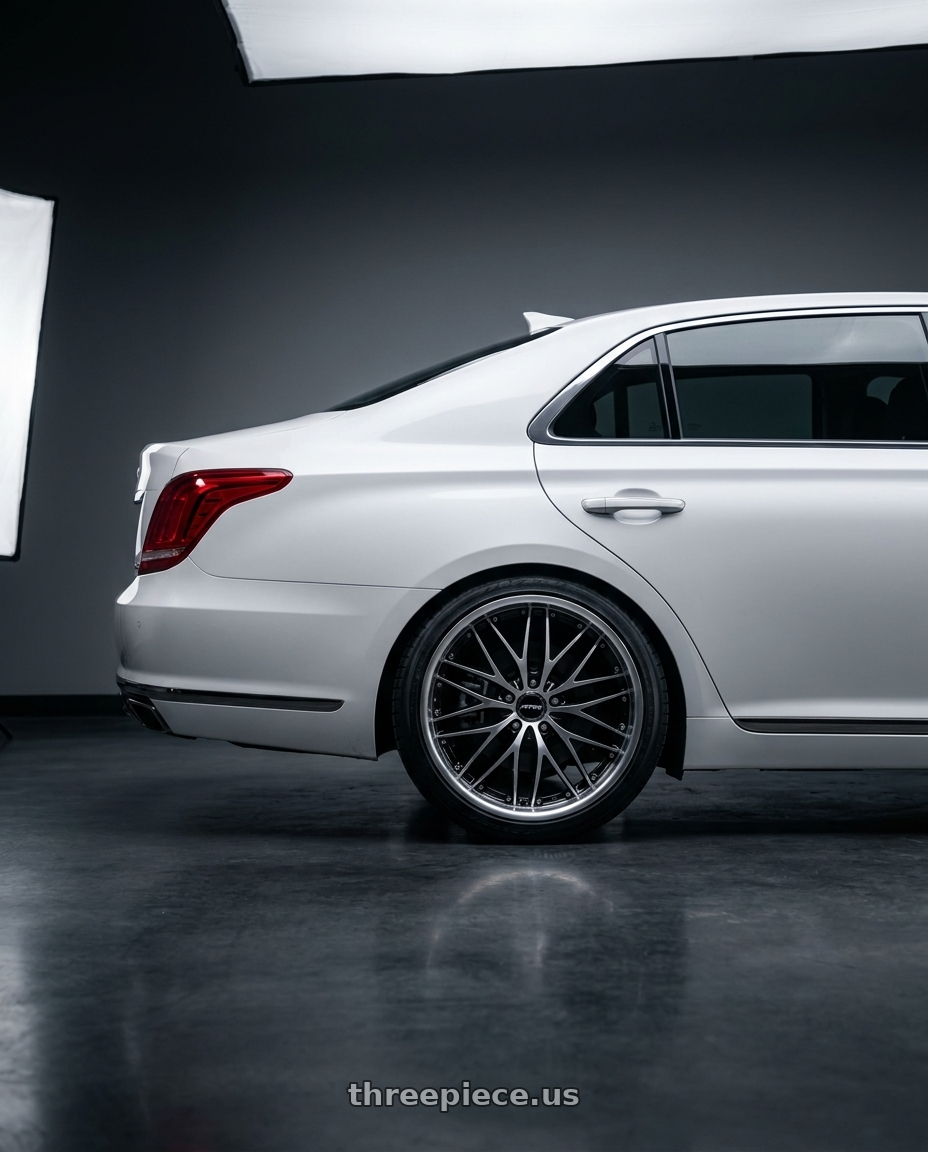 2018 genesis g90 ultimate with MRR GT1 5x114.3 20x8.5  +35 Black Machine Lip wheels rear three quarter view square tires
