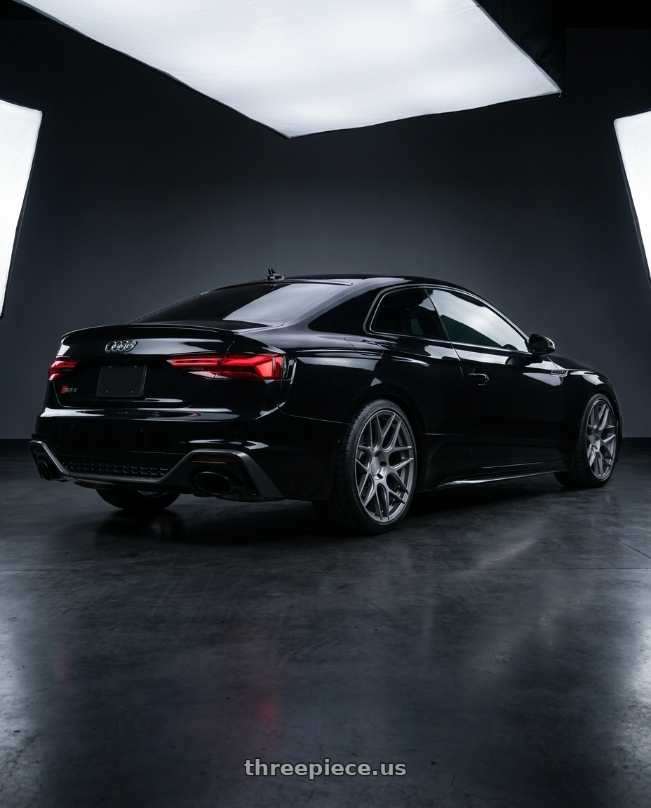 2022 Audi RS5 with Aodhan AFF2 5x112 20x9+30 Matte Gray wheels rear three quarter view square tires