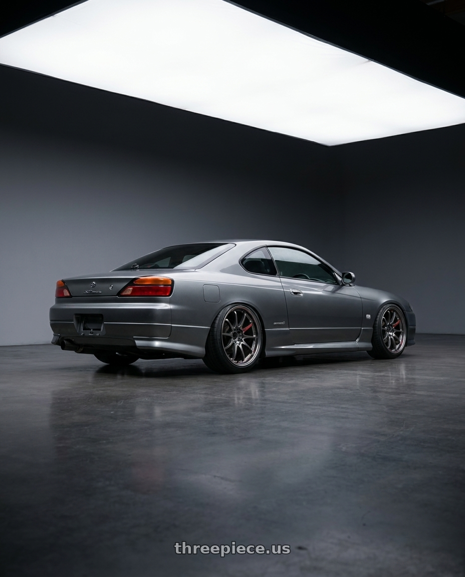 2002 Nissan S15 with Volk Racing CE28SL 5x114.3 18x9.5+35 wheels rear three quarter view slight stretch tires