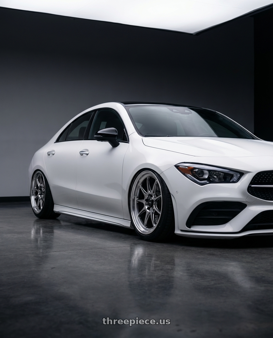 2023 Mercedes-Benz CLA C118 with Konig Countergram 5x112 19x11+40 Hyper Chrome / Machined Lip wheels front three quarter view stanced stance