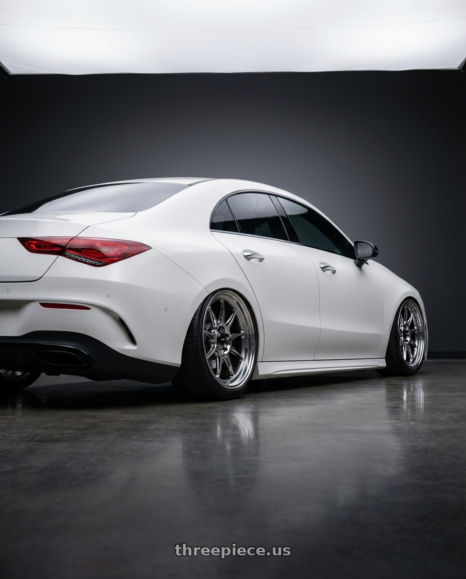 2023 Mercedes-Benz CLA C118 with Konig Countergram 5x112 19x11+40 Hyper Chrome / Machined Lip wheels rear three quarter view slight stretch tires