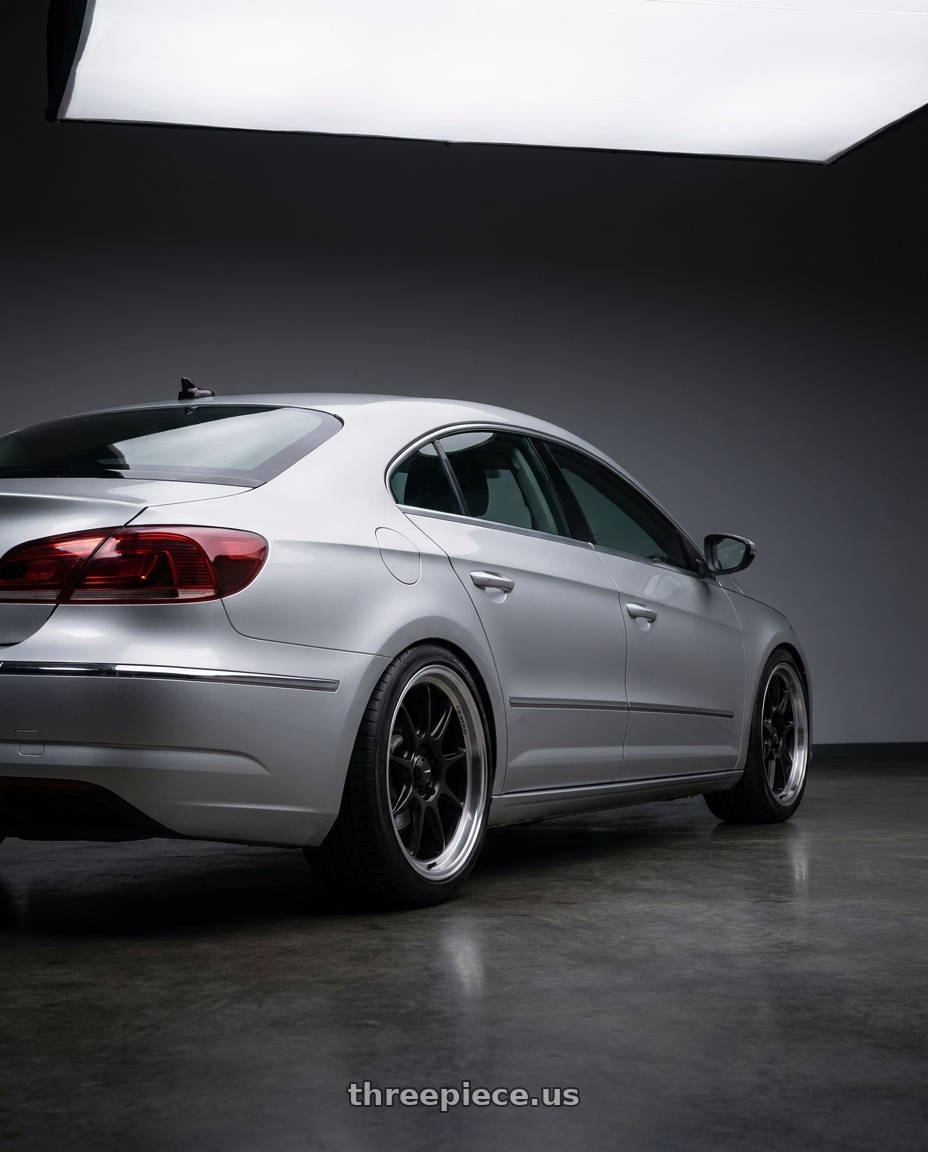 2015 Volkswagen CC with Konig Countergram 5x112 19x9.5+30 Matte Black / Matte Machined Lip wheels rear three quarter view square tires