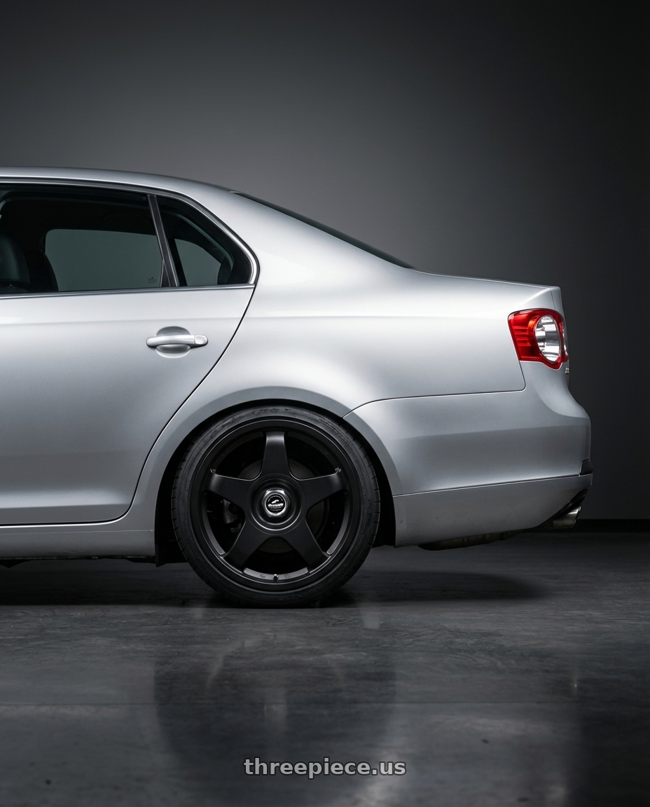 2009 Volkswagen Jetta GLI MK5 with fifteen52 CHICANE 5x112 / 5x120 18x8.5 +35 ASPHALT BLACK (SATIN BLACK) wheels rear three quarter view square tires