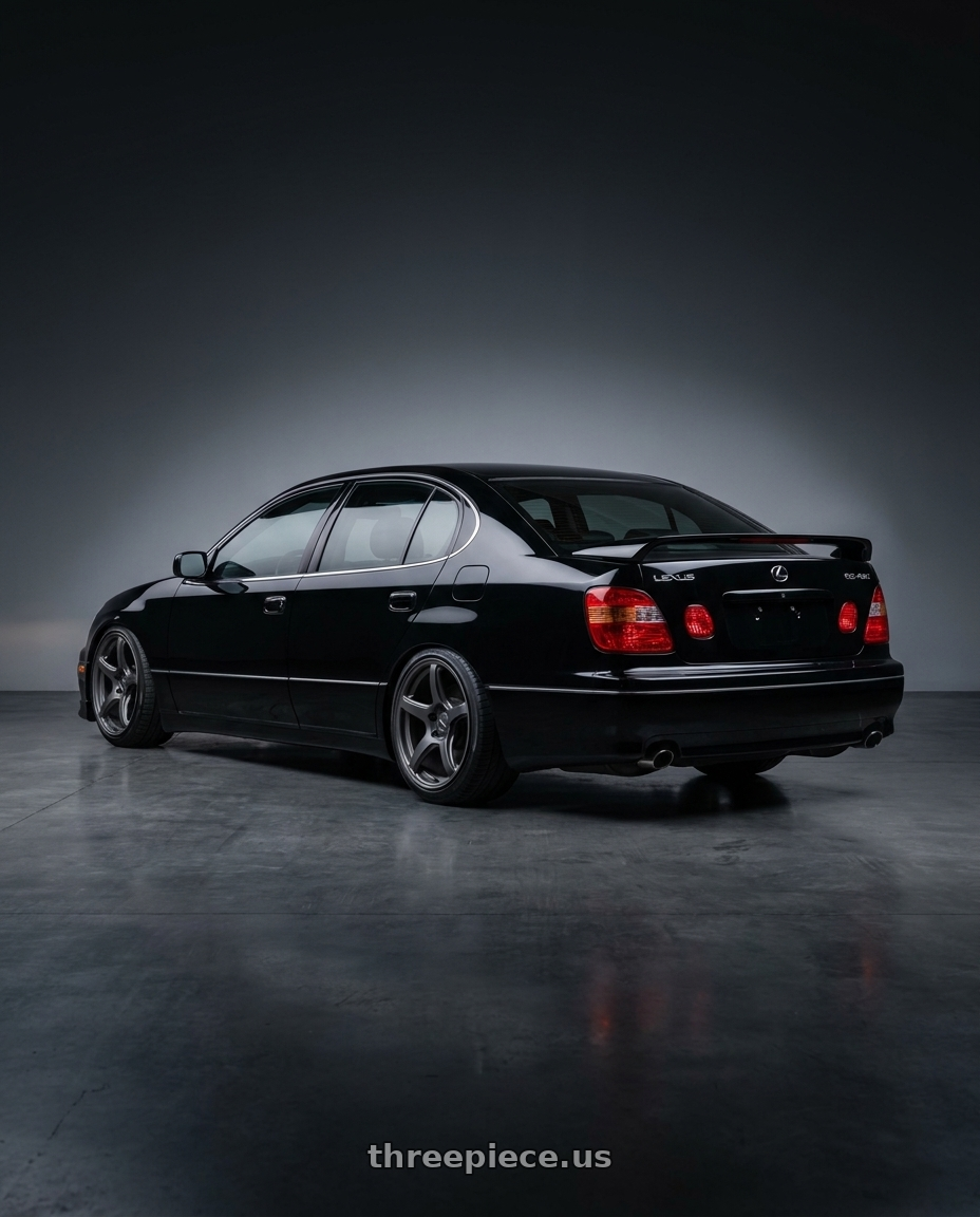 2003 lexus gs 430 black with Work Emotion T5r 5x114.3 18x8.5 +45 Matte Graphite wheels rear three quarter view slight stretch tires