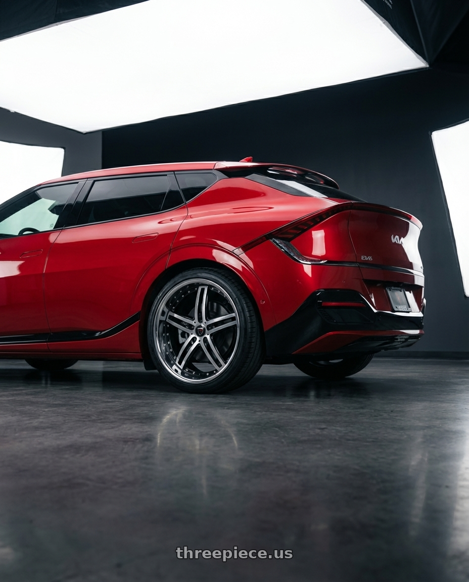 2024 kia ev6 with MARQUEE WHEELS M5329 5x114.3 20x9+32 BLACK / MACHINED/STAINLESS LIP wheels rear three quarter view square tires