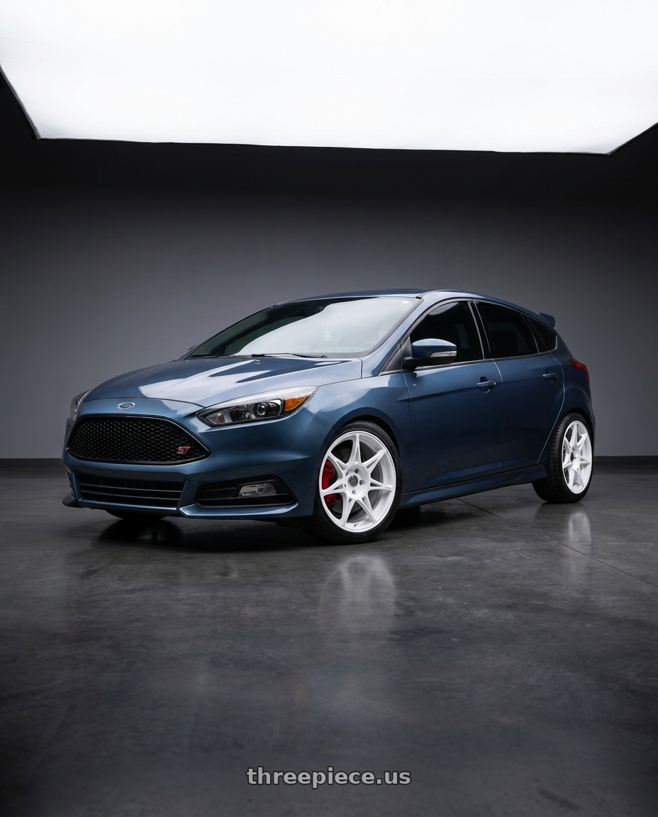 2018 Ford Focus ST with Stage Wheels Foushee 5x108 18x8.5 +42 White wheels front three quarter view lowered stance
