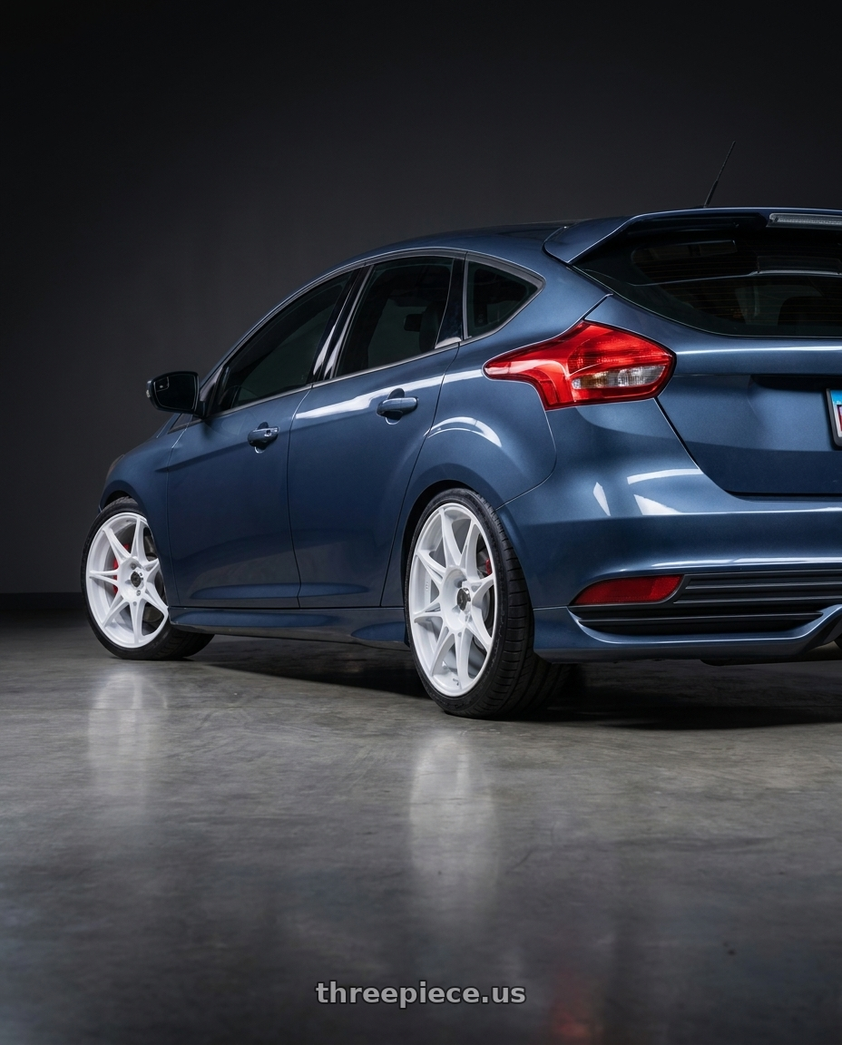 2018 Ford Focus ST with Stage Wheels Foushee 5x108 18x8.5 +42 White wheels rear three quarter view square tires